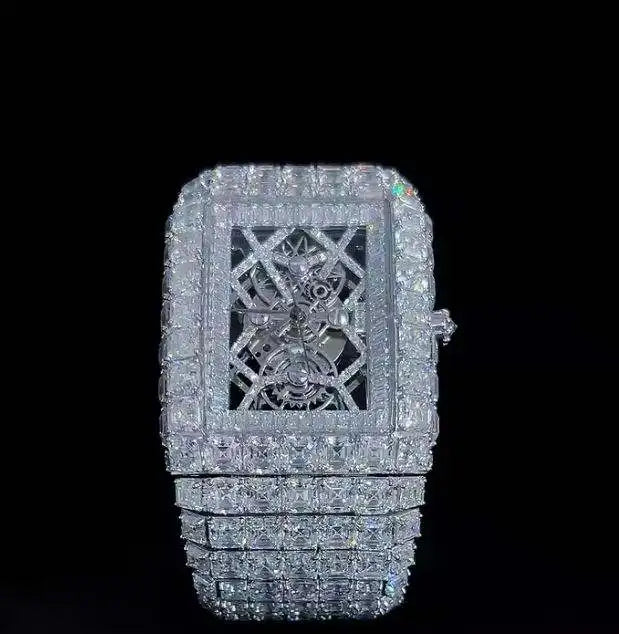 Full Iced Out Buss Down VVS Moissanite Diamond Men Watch, Stainless Steel Dial Bagget Diamond White Gold 42mm Men Watch