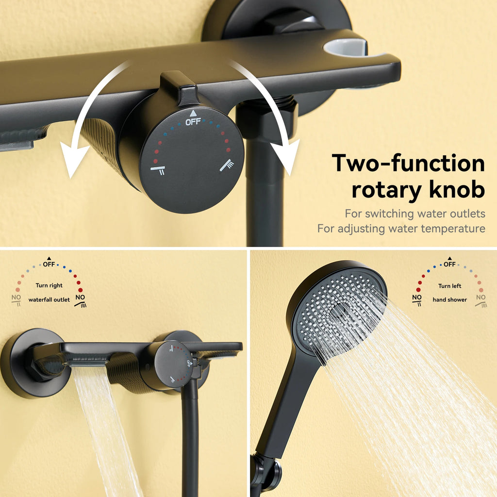 Bathtub Shower Faucet, Wall-mounted Bathtub Mixer Taps with 5-Mode Hand Shower, Hose and Wall Bracket, Black, Brass Body
