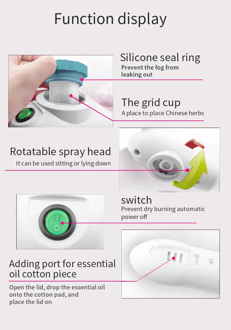 Features of ozone facial steamer: silicone seal, herb cup, rotatable spray head, power switch, and oil adding port.