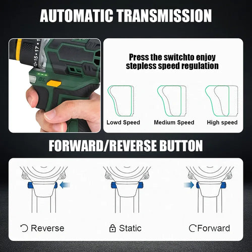 Green cordless impact drill with forward and reverse controls and speed regulation