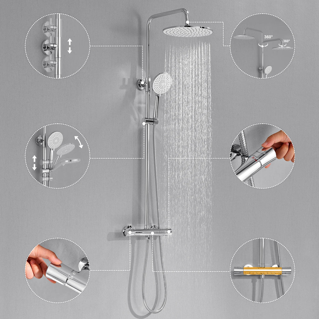 Auralum Shower Column With Thermostatic Tap, 38°C Brass Mixer, Shower Head 25 × 25 Cm, Height Adjustable 102-125cC, Chrome