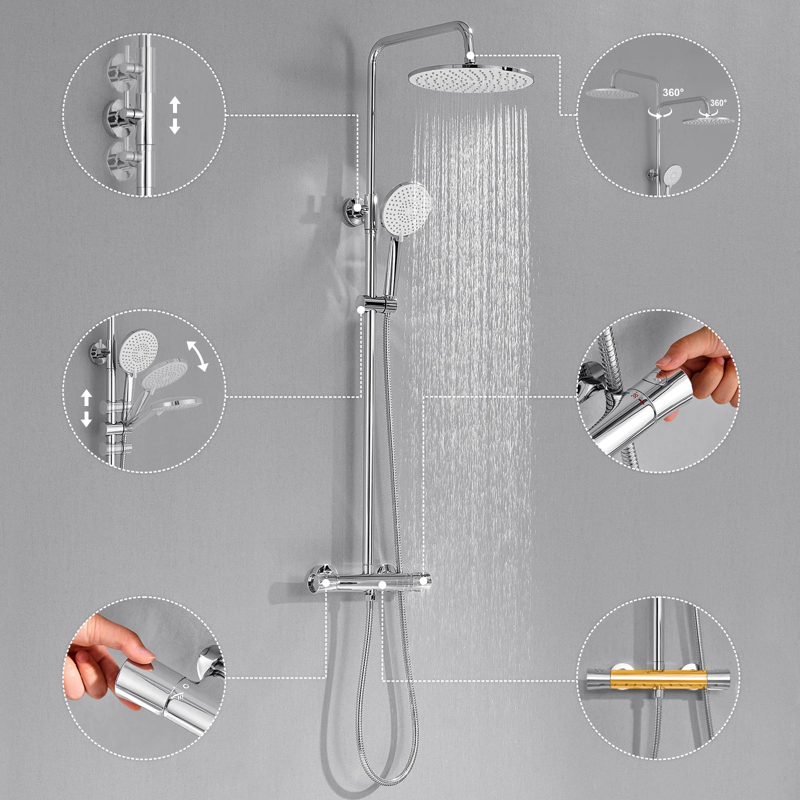 Auralum Shower Column With Thermostatic Tap, 38°C Brass Mixer, Shower Head 25 × 25 Cm, Height Adjustable 102-125cC, Chrome