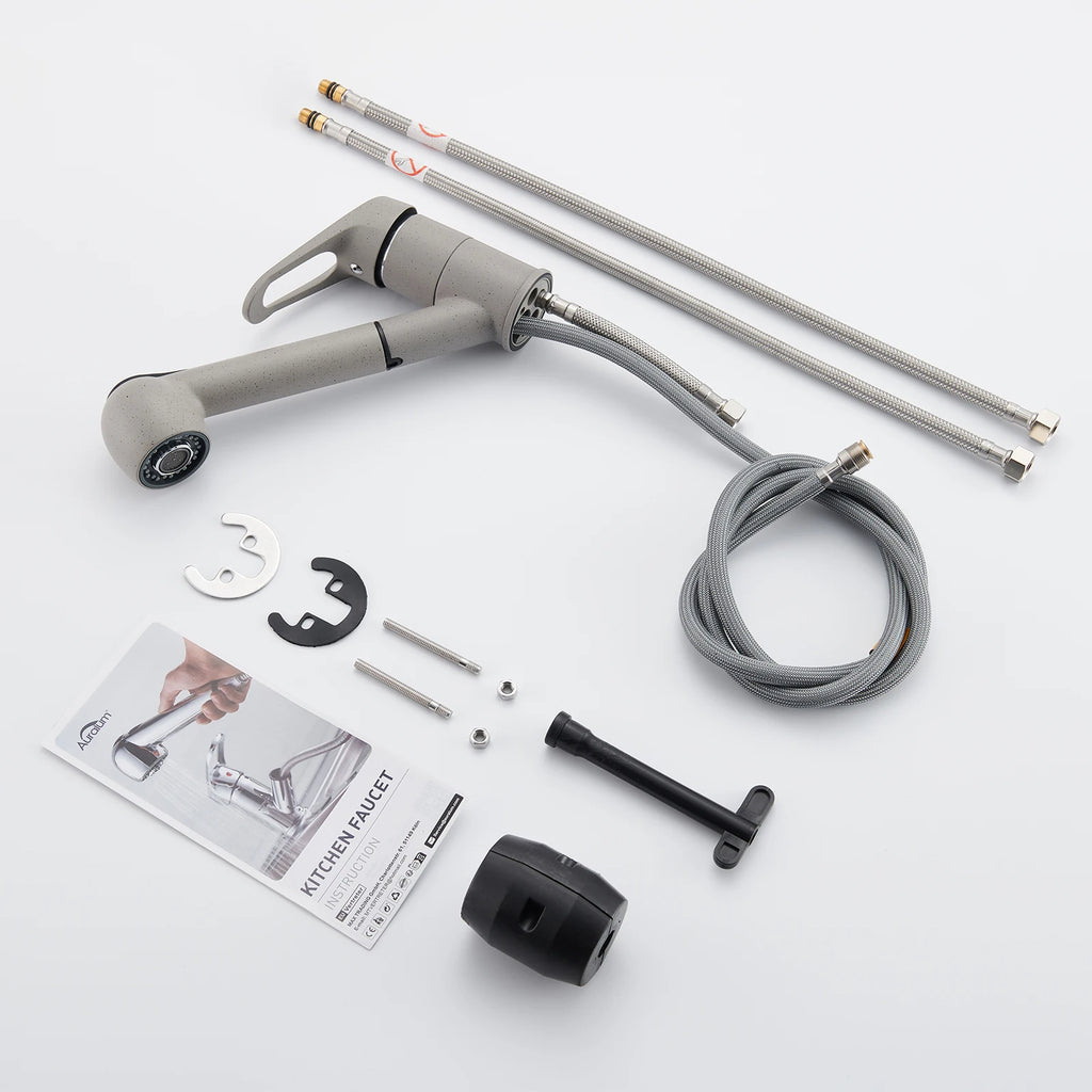 Kitchen Tap Grey, Pipe Shape Pull Out Kitchen Faucet 180 Swivel, 2 Modes Spray Hot Cold Water Mixer, Brass Body Drink Water Sink Mixer, Easy Install PEX Hose, Standard G3/8 Modern Home Laundry Deck Mounted Water Tap