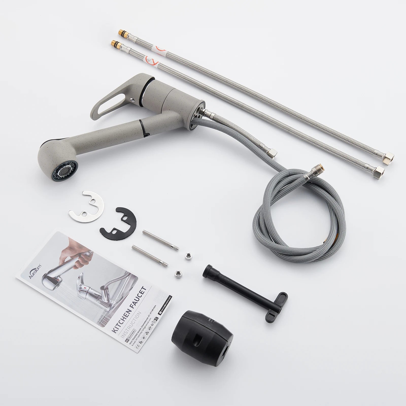 Kitchen Tap Grey, Pipe Shape Pull Out Kitchen Faucet 180 Swivel, 2 Modes Spray Hot Cold Water Mixer, Brass Body Drink Water Sink Mixer, Easy Install PEX Hose, Standard G3/8 Modern Home Laundry Deck Mounted Water Tap