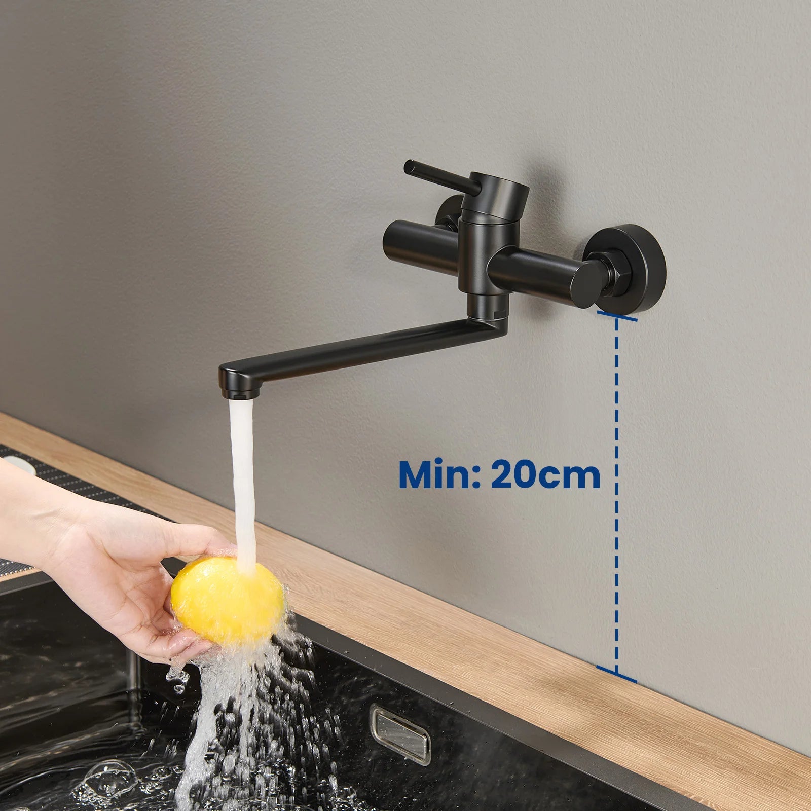 Kitchen Tap Black, Wall Mounted Kitchen Faucet 360 Swivel, Water Saving Hot Cold Mixer 304 Stainless Steel, Single Handle with Aerator, Sink Mixer Tap for Home Modern Design Replacement
