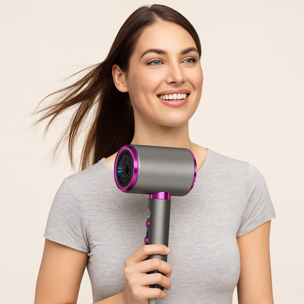 Woman using a 2400W high-speed grey and purple hair dryer for quick, professional blowouts with precise airflow control.