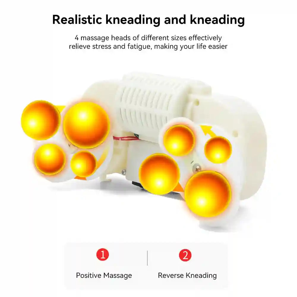 Internal mechanism of a massage pillow featuring a white plastic frame with six glowing, heated massage spheres.