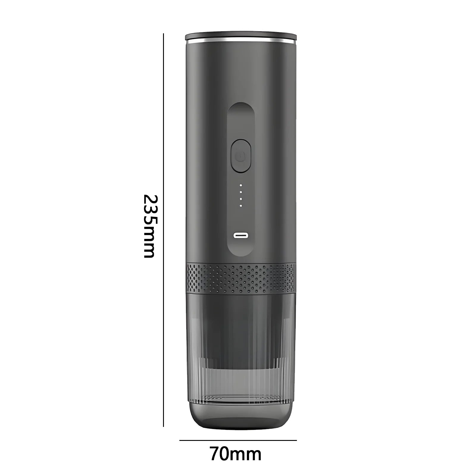 Portable black electric coffee maker, 235mm x 70mm, with USB-C charging and LED battery indicator lights.
