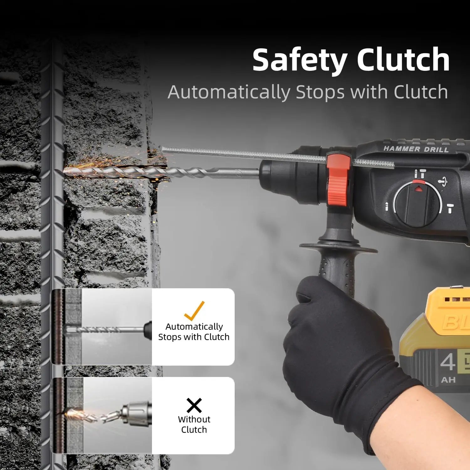 26MM Brushless Electric Hammer Drill Cordless Rotary Hammer High Power Rechargeable Power Tool Multifunctional Impact Drill for Concrete Wood Metal Compatible with Dewalt 18V Battery Home Workshop Construction Use