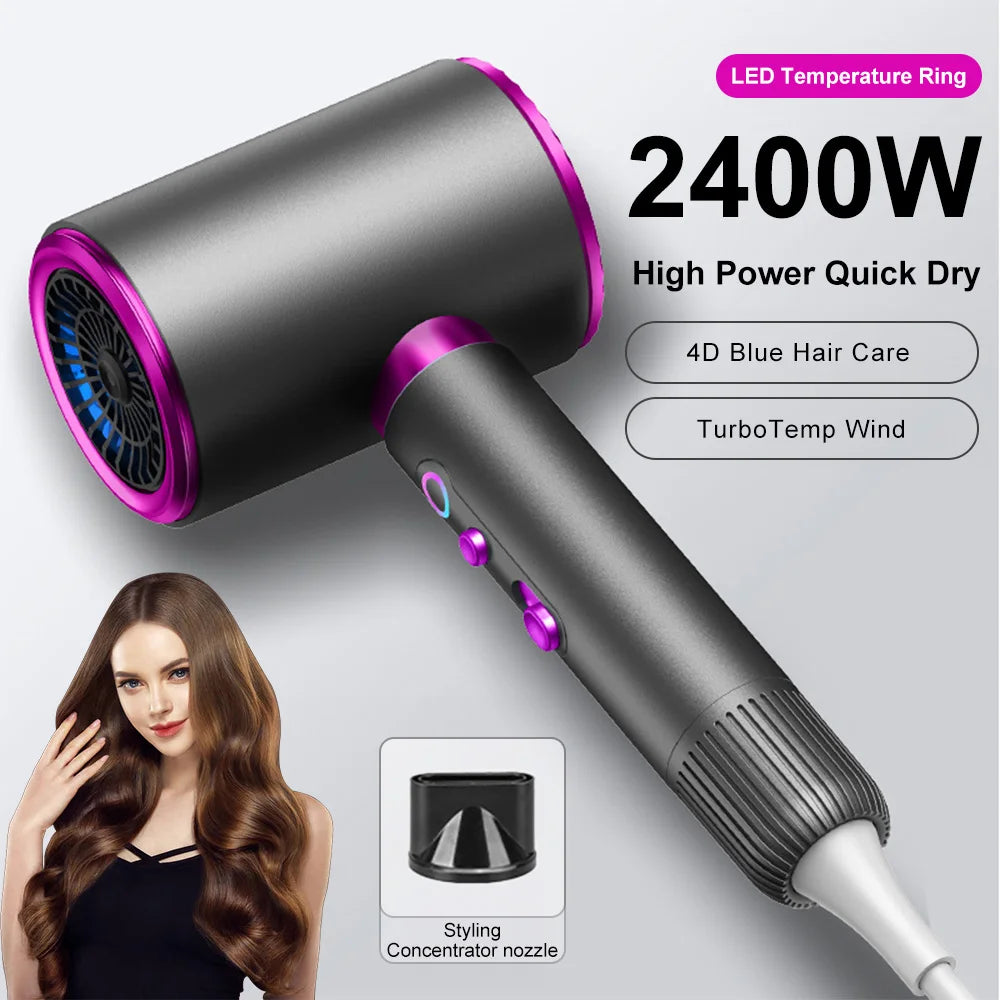 Grey and purple 2400W professional hair dryer with LED temp ring, blue light hair care, and styling concentrator.