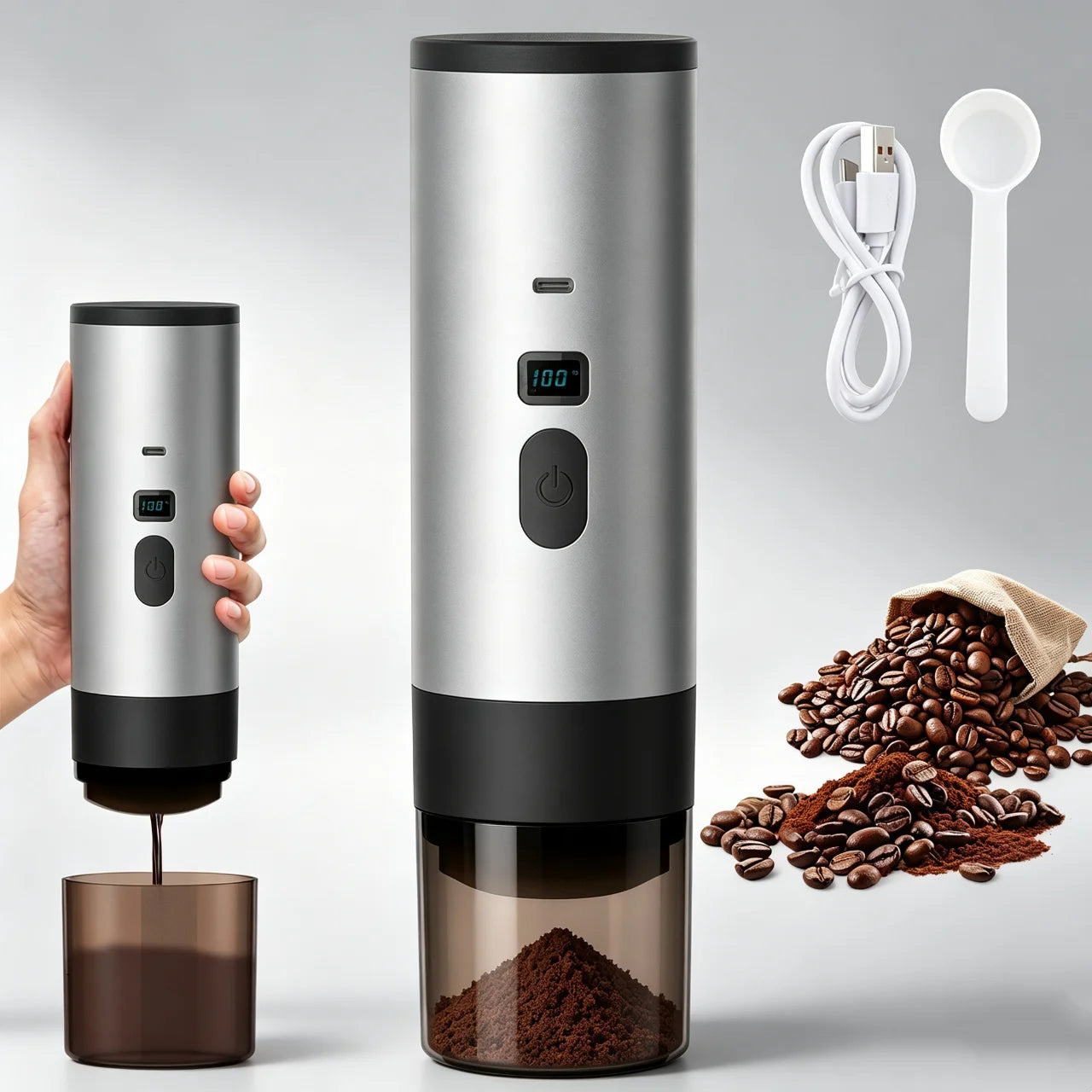 Portable silver electric coffee grinder with LED display, USB-C charging, and brown grounds container.