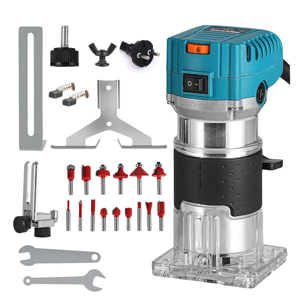 Electric wood trimmer kit with turquoise motor, clear base, and assorted milling bits