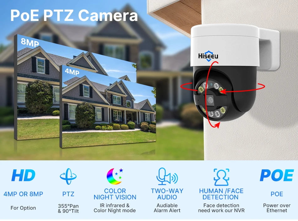 Hiseeu 8MP 4K POE PTZ IP Camera Color Night Vision Face Detection Audio Outdoor H.265 Onvif AI Street Home Security CCTV Camera