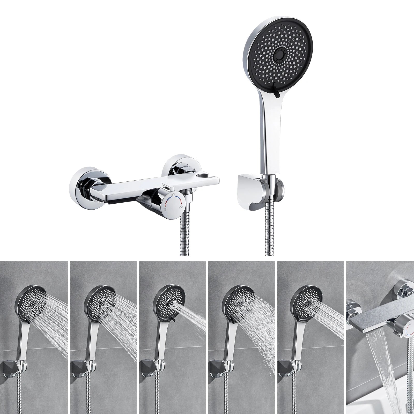 Bathtub Shower Faucet, Wall-mounted Bathtub Mixer Taps with 5-Mode Hand Shower, Hose and Wall Bracket, Black, Brass Body