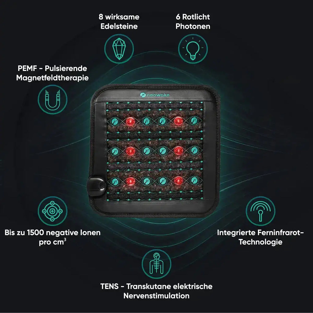 Square black wellness mat featuring embedded stones, red light therapy nodes, and PEMF technology for pain relief.