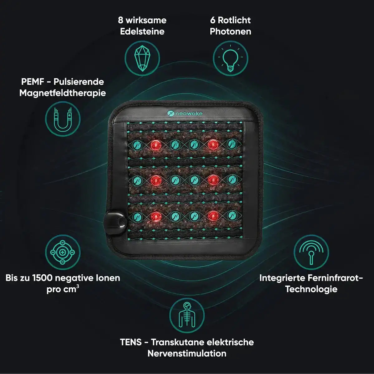Square black wellness mat featuring embedded stones, red light therapy nodes, and PEMF technology for pain relief.