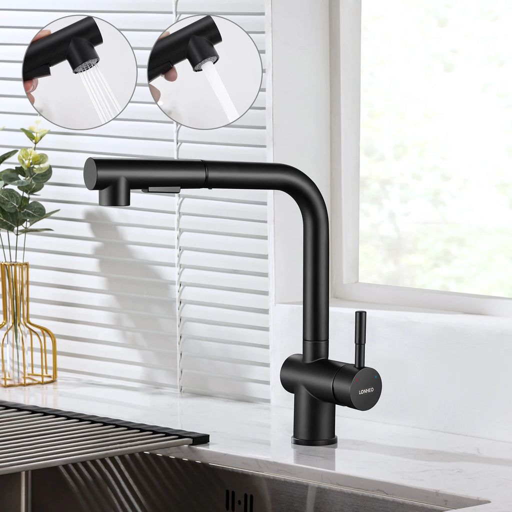 Kitchen Tap Black, L-Shape Pull Down Kitchen Faucet 360 Swivel, 3 Modes Spray Hot Cold Water Mixer, 304 Stainless Steel Sink Mixer, Neoperl PEX Hose, Standard G3/8 Modern Home Laundry Deck Mounted Matte Black Tap