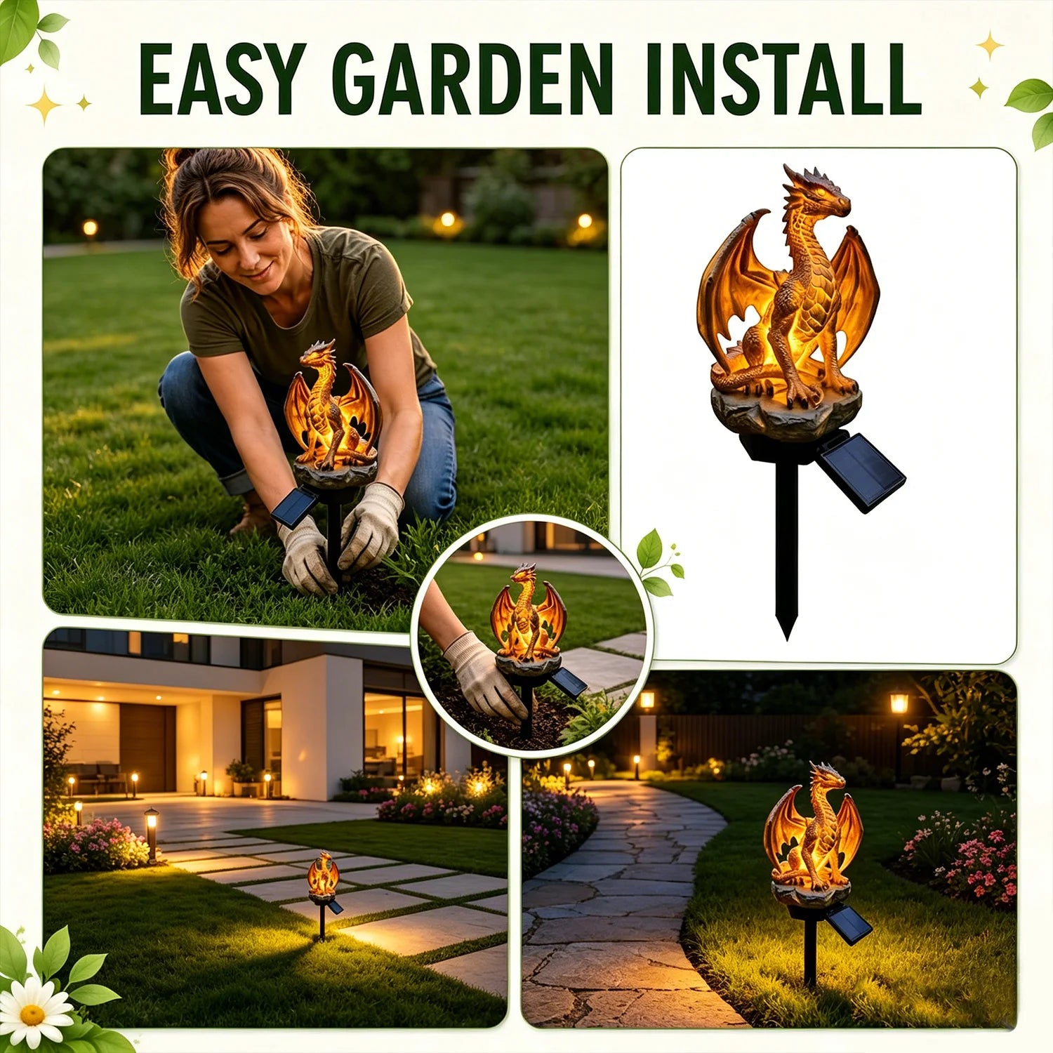 Fantasy Dragon Sculpture Solar Ground Stake Light, High Density Resin Waterproof Solar LED Lawn Lamp, No Wiring Auto Dusk to Dawn Outdoor Decor Light for Garden Walkway Backyard Landscape Decoration