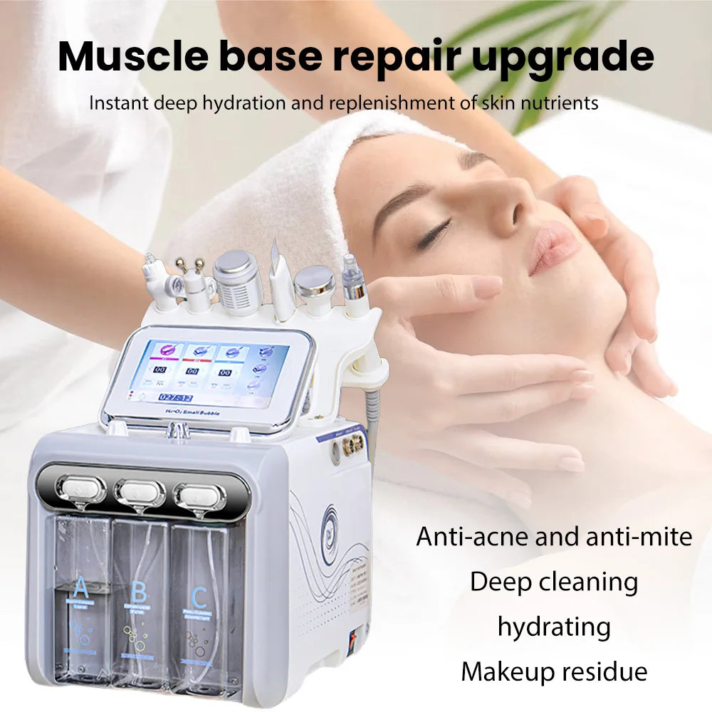 6-in-1 hydro dermabrasion facial machine with touch screen and probes for deep skin cleansing and rejuvenation spa care.