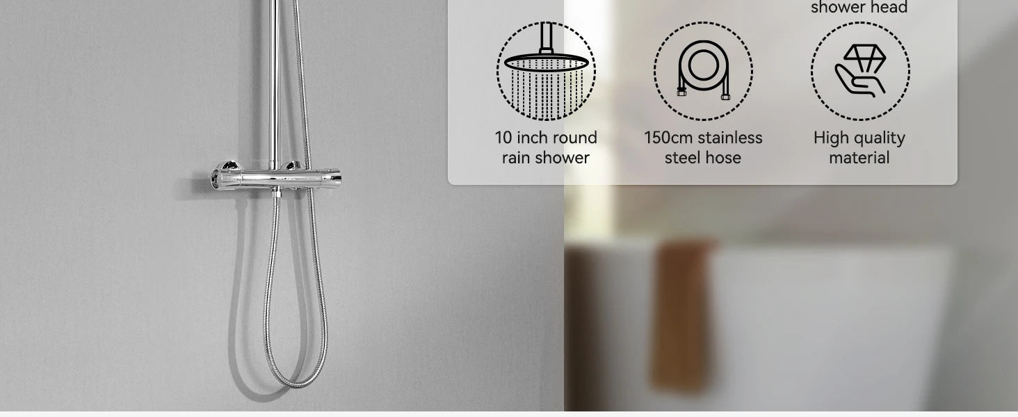 Auralum Shower Column With Thermostatic Tap, 38°C Brass Mixer, Shower Head 25 × 25 Cm, Height Adjustable 102-125cC, Chrome