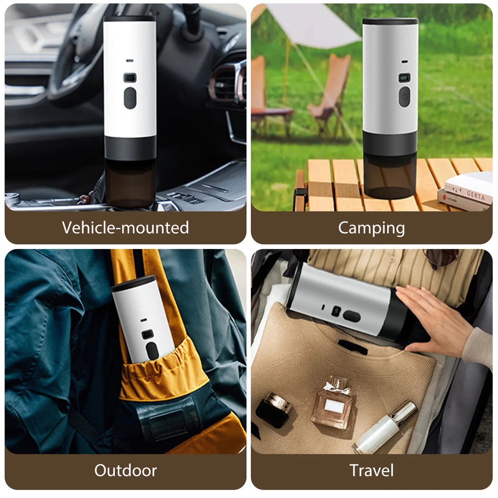 Portable electric coffee maker in white and black, compact design for car, camping, and travel use.
