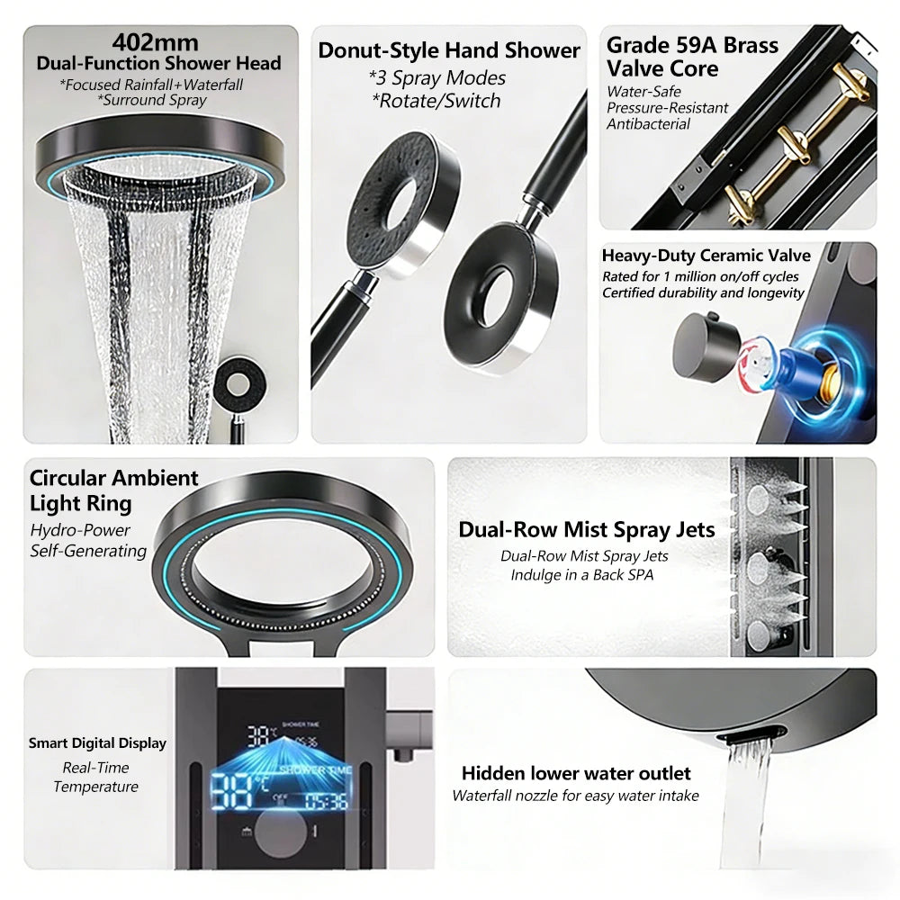 Wall Mounted Light Shower Faucet Panel LED Digital Display Shower Faucet Set Shower Screen Waterfall Bathroom Shower System Set