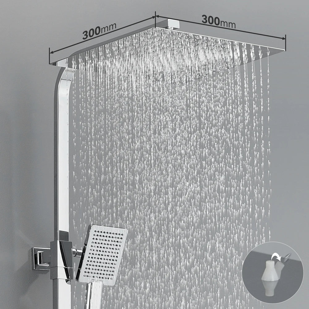Auralum Thermostatic Shower Column, Stainless Steel with Brass Faucet, 12 inch Large Head Shower, 0.8-1.24 m, Shower System, Chrome, Square