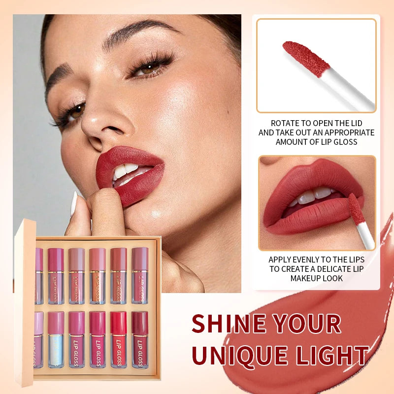 12-piece nude lipstick set featuring matte, glossy, metallic, and pearly finishes in a decorative display box.