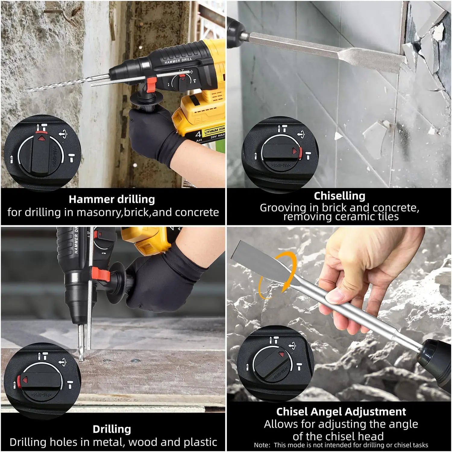 26MM Brushless Electric Hammer Drill Cordless Rotary Hammer High Power Rechargeable Power Tool Multifunctional Impact Drill for Concrete Wood Metal Compatible with Dewalt 18V Battery Home Workshop Construction Use