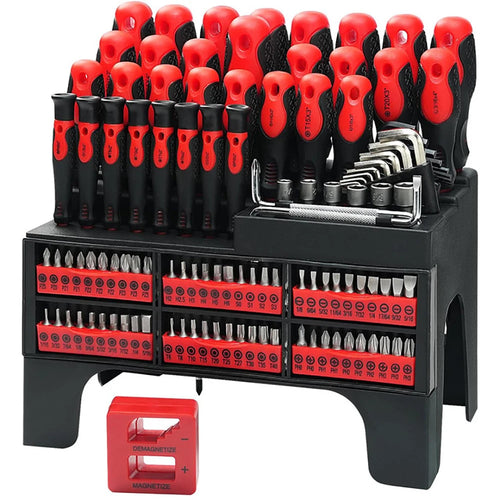 Magnetic screwdriver tool set with red and black handles and organizer stand