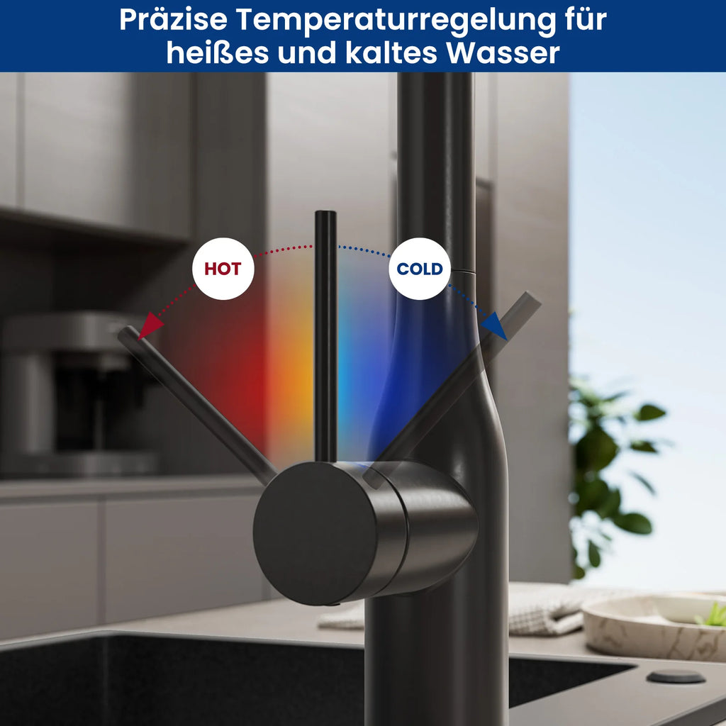Kitchen Tap Black, Vase Umbrella Shape Pull Down Kitchen Faucet 360 Swivel, 2 Modes Spray Hot Cold Water Mixer, 304 Stainless Steel Sink Mixer, Easy Install DVGW PEX Hose, Standard G3/8 Modern Home Black Water Tap
