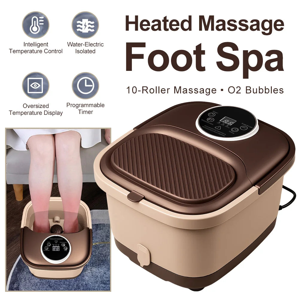 A brown and beige rectangular electric foot spa with a digital control panel and internal massage rollers.