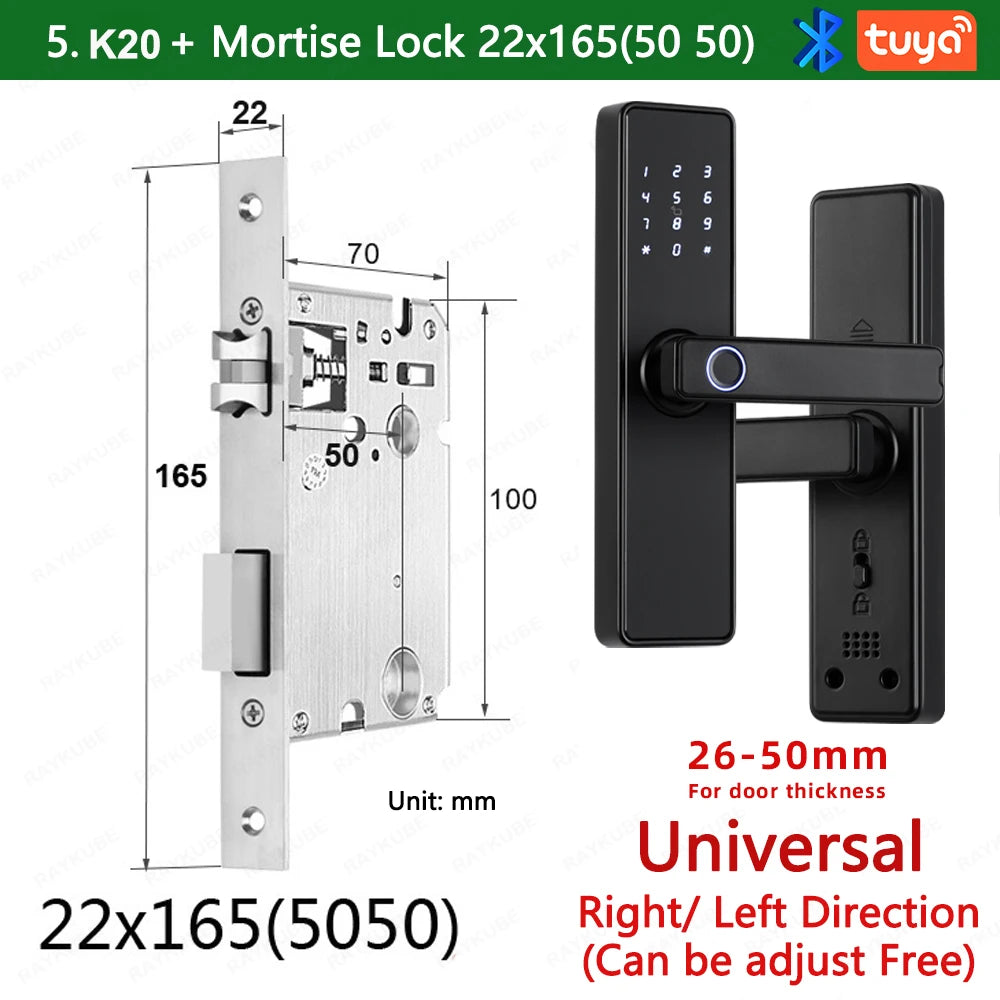 RAYKUBE K20 9-language Biometric Fingerprint Door Lock Electronic Door Lock with  Tuya APP/IC Card/Password/ Key Unlock