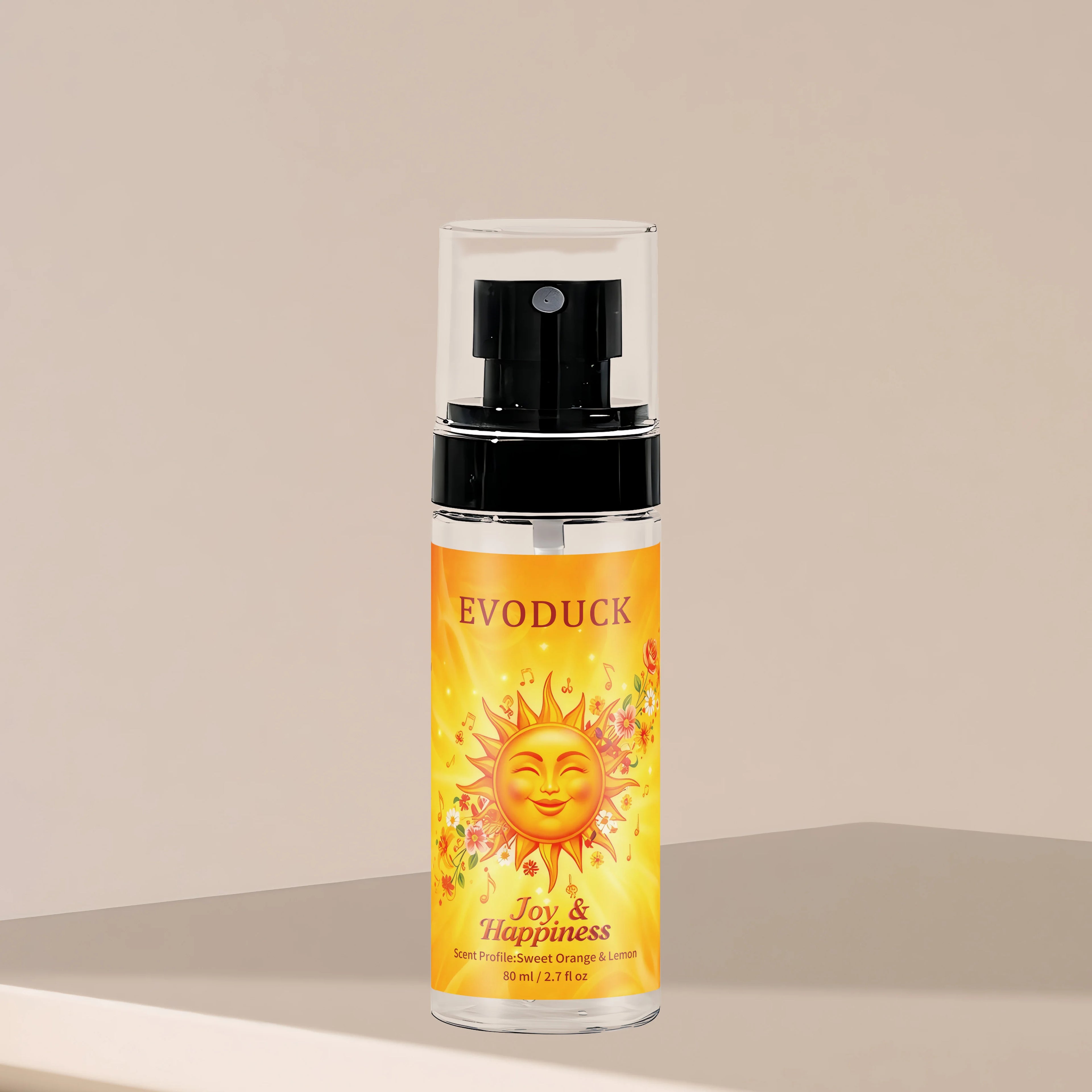 EVODUCK Joy & Happiness sweet orange & lemon women’s body fragrance mist, 2.7oz travel-size spray bottle.