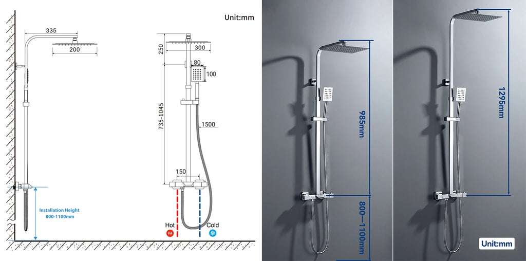 Shower Column with Thermostatic faucet, Wall-mounted Shower System, 30 × 20 cm Rain shower head, suitable for bathtubs