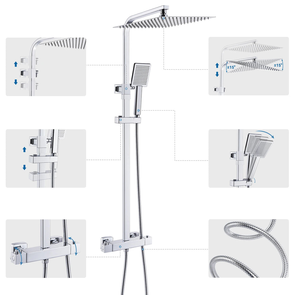 Auralum Thermostatic Shower Column, Stainless Steel with Brass Faucet, 12 inch Large Head Shower, 0.8-1.24 m, Shower System, Chrome, Square