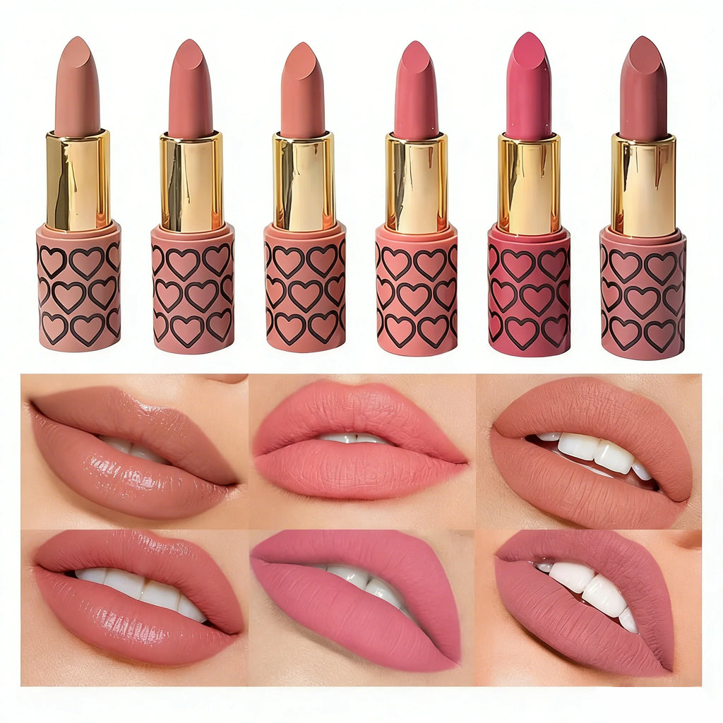 Six matte nude lipsticks in heart-print tubes with long-lasting, highly pigmented, transfer-proof lip makeup swatches.
