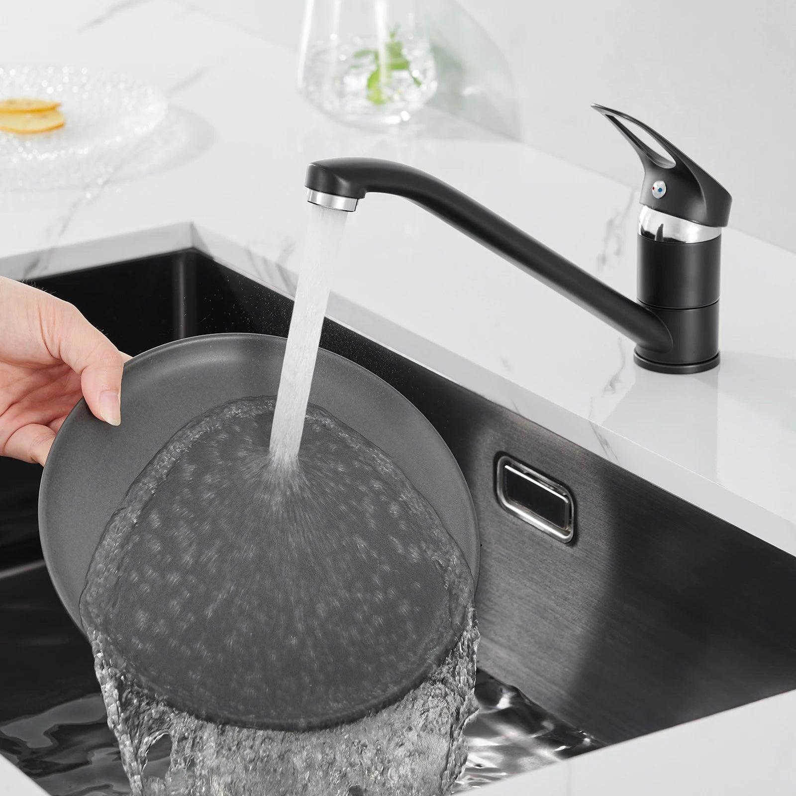 Black Kitchen Tap, Slanted Design 360 Swivel Bathroom Basin Faucet Hot Cold Water Mixer, Brass Stainless Steel Sink Tap, Removable Aerator PEX Hose, Standard G3/8 Modern Home Laundry Countertop Mounted Water Tap