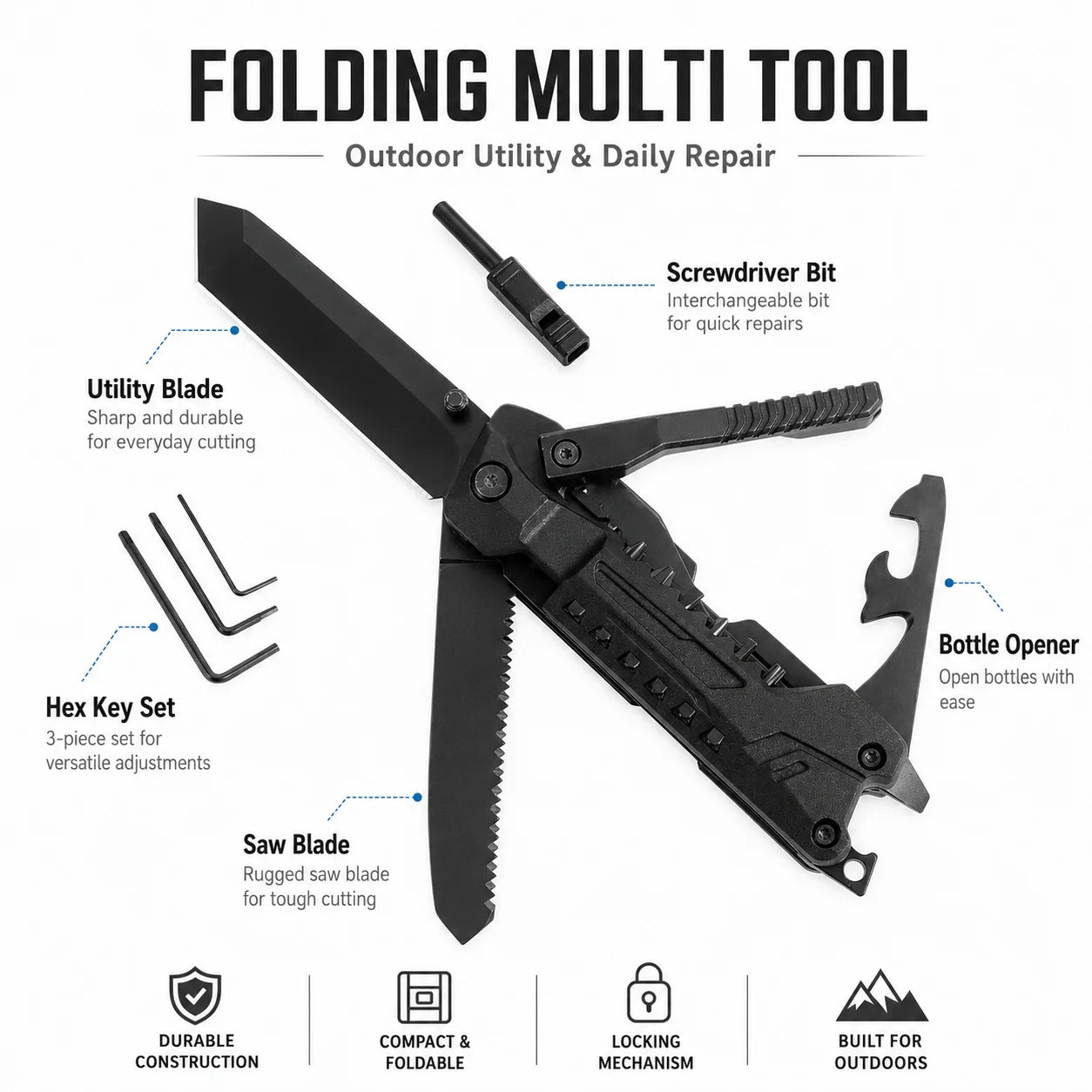 Folding Multi Tool with Utility Blade Saw Screwdriver Bit Hex Key Set Portable Outdoor Camping Repair Hand Tool