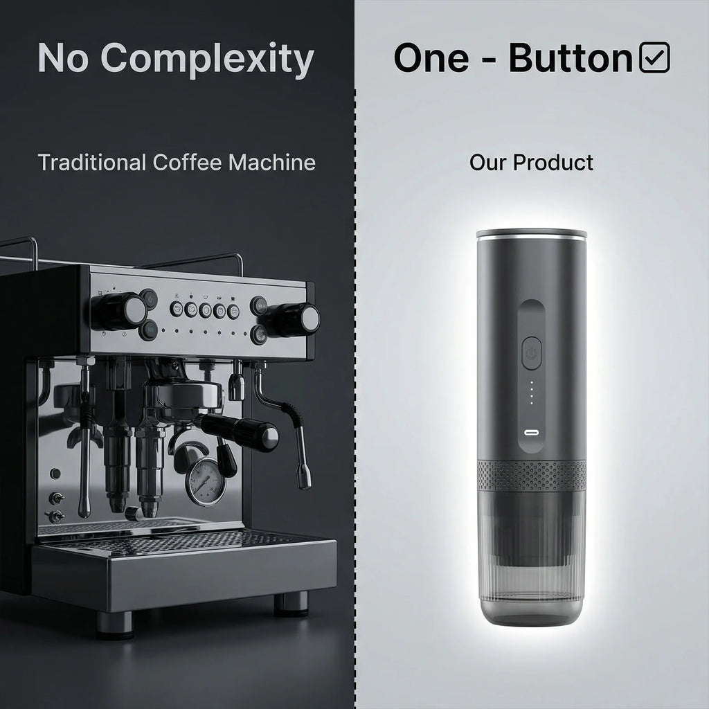 Portable grey one-button espresso maker vs. complex traditional coffee machine. Sleek, compact handheld coffee design.