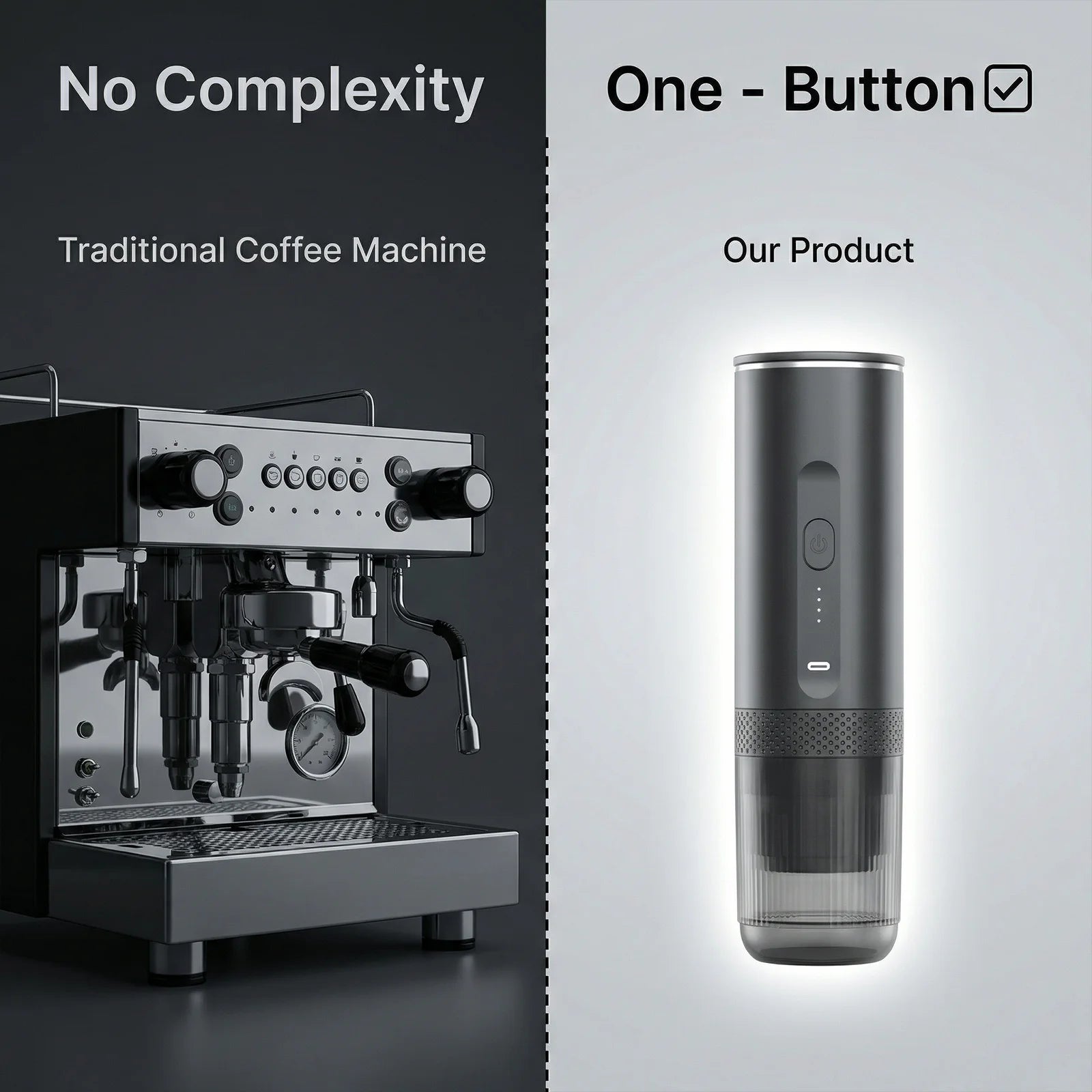 Portable grey one-button espresso maker vs. complex traditional coffee machine. Sleek, compact handheld coffee design.