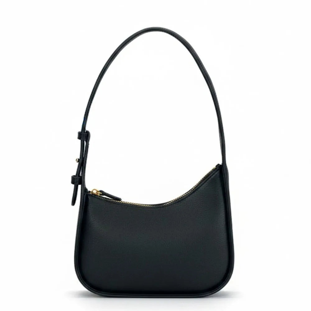 Black genuine leather designer shoulder bag with adjustable strap, gold-tone zipper, and minimalist curved silhouette.