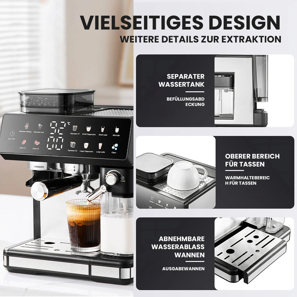 Black stainless steel espresso machine with integrated grinder, milk frother, digital display, and cup warming tray.
