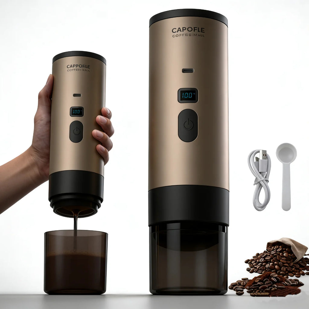 Capofle portable gold coffee maker with digital display, USB-C charging, and coffee beans, isolated on white background.