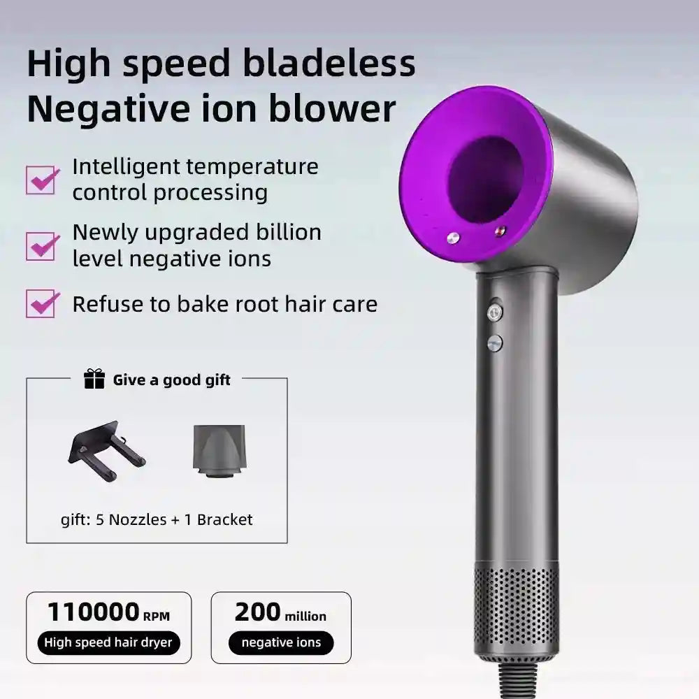 Purple and grey bladeless high-speed hair dryer with 5 magnetic nozzles, bracket, and negative ion tech.