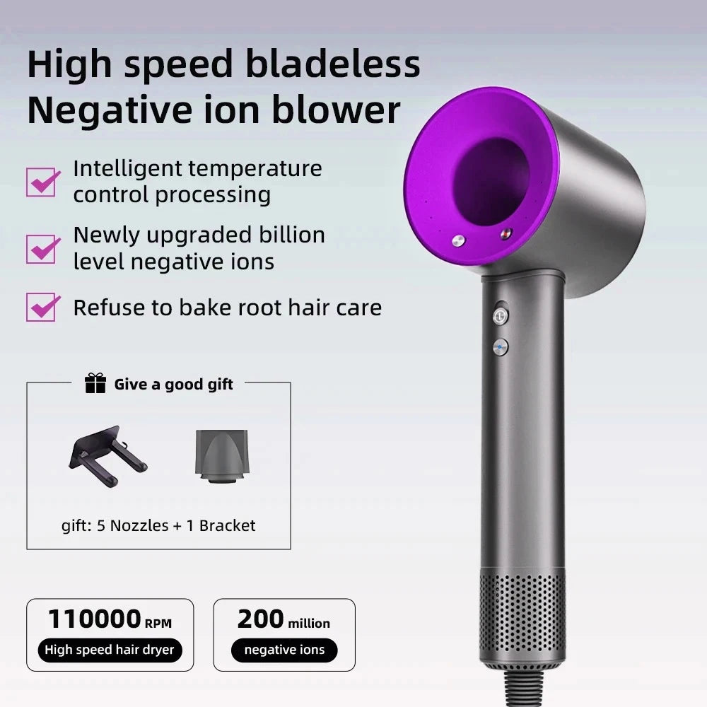 Grey and purple professional bladeless ionic hair dryer with 5 nozzles, high-speed brushless motor, and travel design.