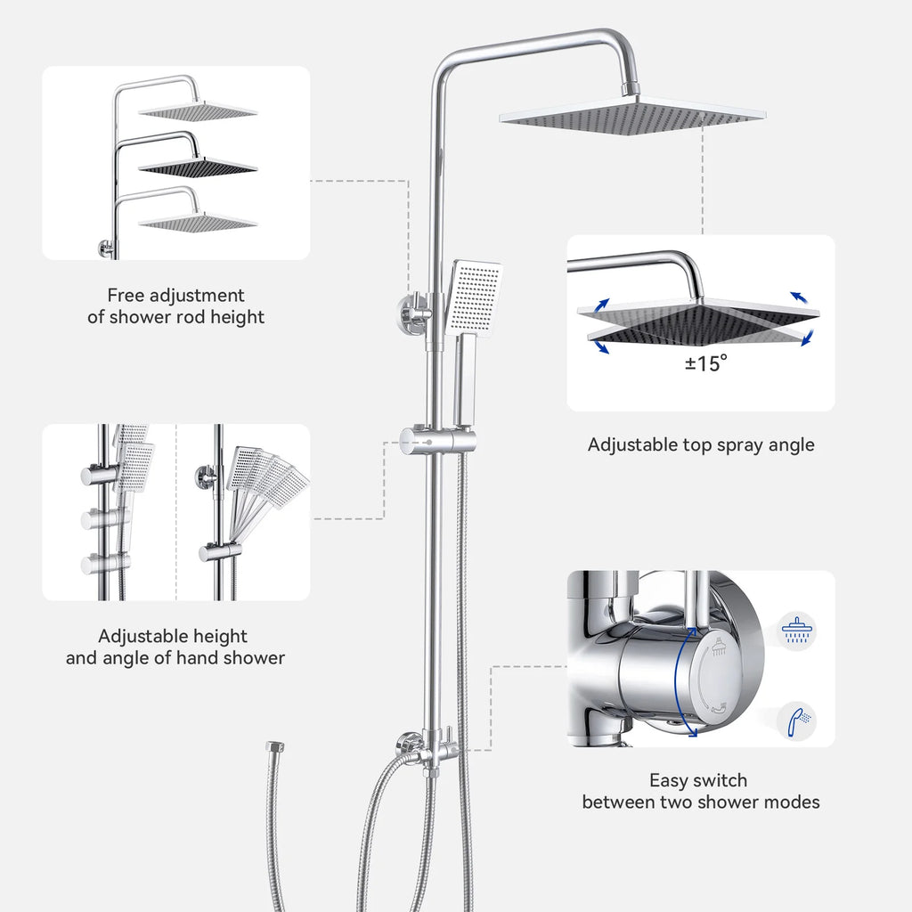 Shower column without mixer tap, chrome finish, 25cm overhead shower, easy installation, adjustable shower bar, 72-110cm