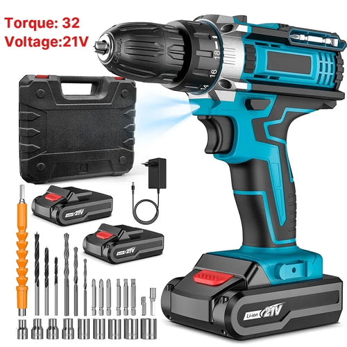 Cordless impact drill with battery, charger, and accessory bit set, blue and black