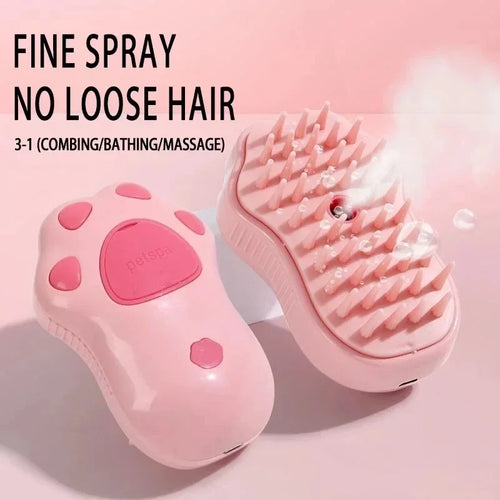 Pink electric steam spray pet hair removal brush with comb-like bristles