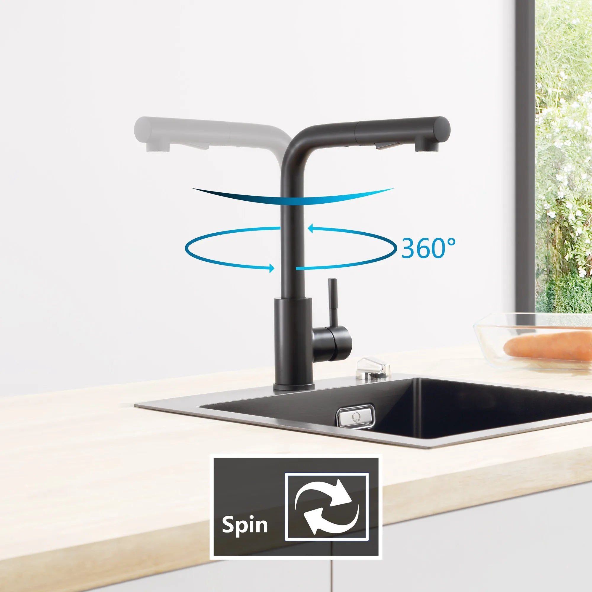 Black Kitchen Faucet with Shower, Kitchen Mixer with Pull-Out Sprayer, 304 Stainless Steel Kitchen Tap, 2-Jet 360° Rotating Sink Faucet